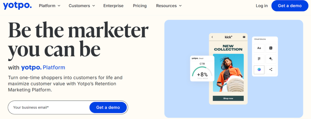 Yotpo website interface showcasing tools for enhancing marketing skills and strategies for users.