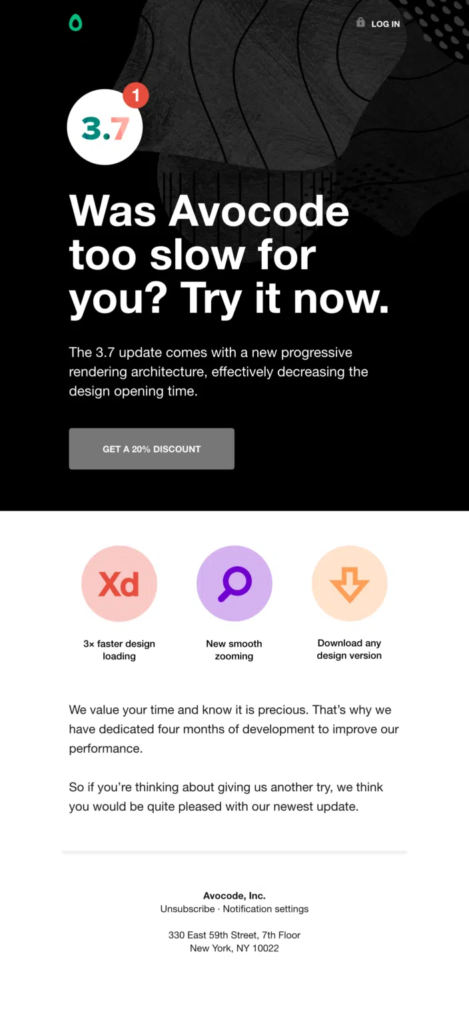 Email from Avocode, highlighting website design tools and client contributions for enhanced collaboration.