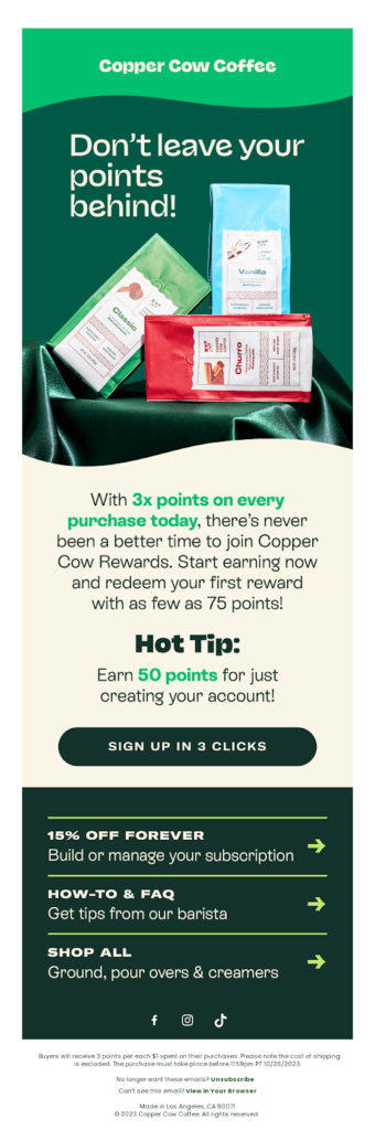 A vibrant flyer from Copper Cow Coffee, featuring inviting graphics and a friendly reminder.