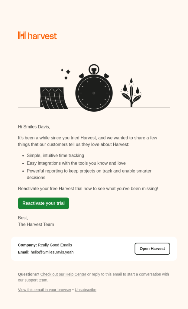 Email page for the Harvest Winback Campaign, showcasing promotional content and call-to-action elements.