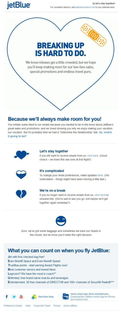 JetBlue's Refresher Winback Email template showcasing vibrant design elements and enticing offers to re-engage customers.