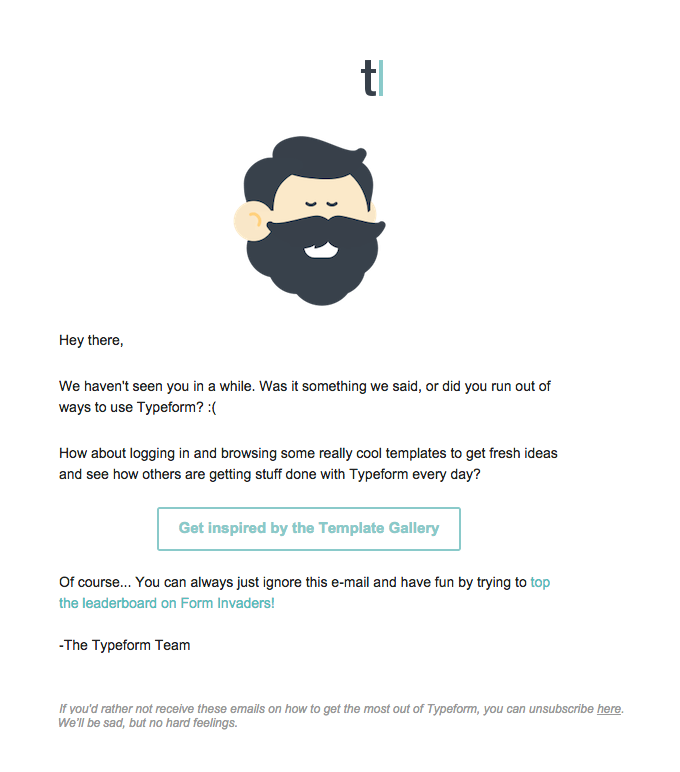 Email screenshot directed to a customer, highlighting Typeform's branding.