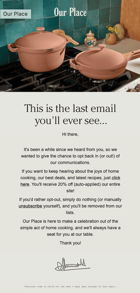 "Our Place" email template displaying an unsubscribe option for recipients.