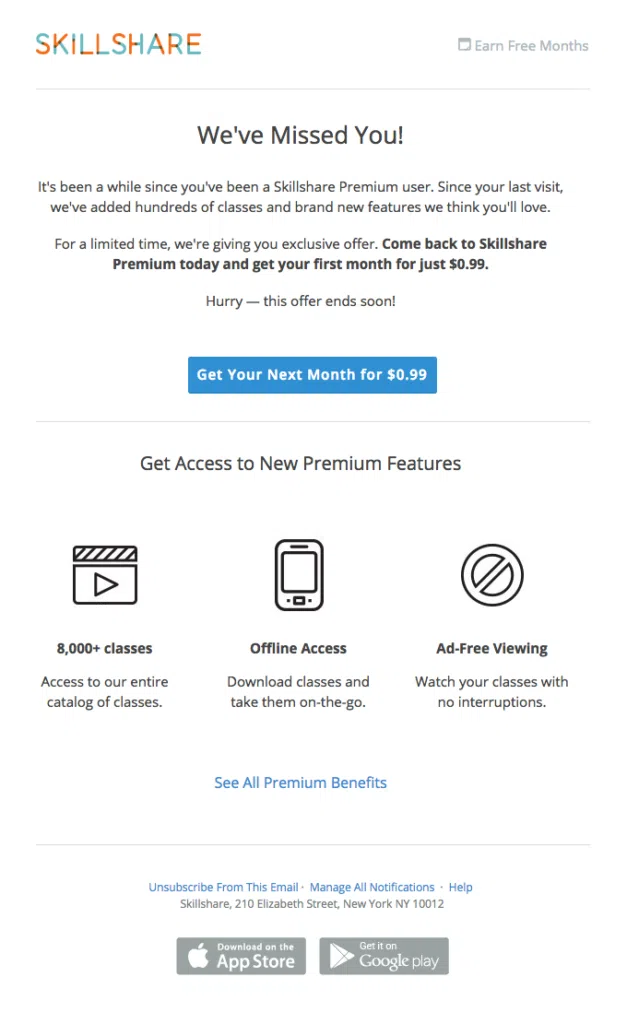 Skillshare's "We Miss You" email template aimed at reconnecting with users.