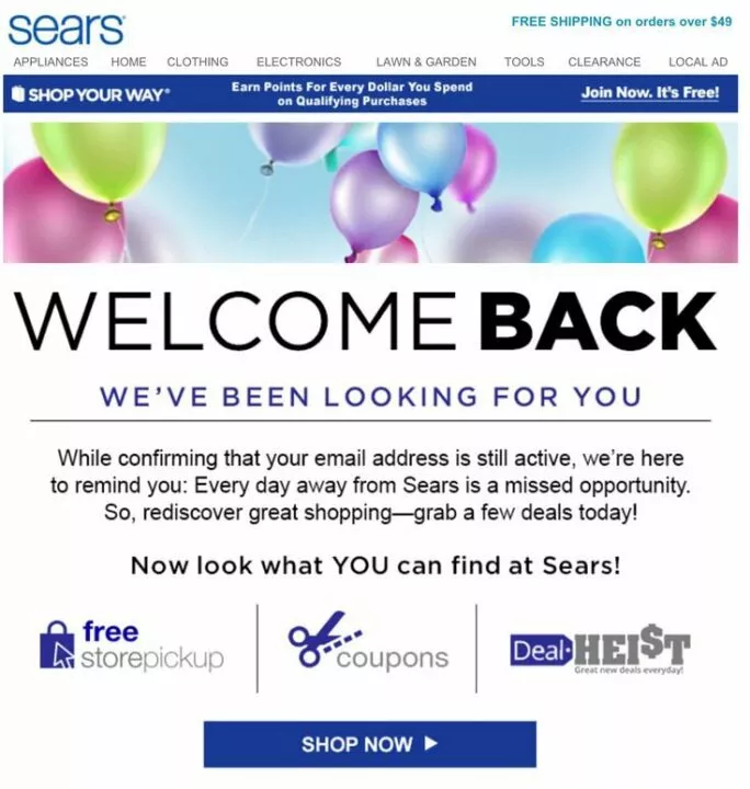 A welcome back email from Sears, featuring a warm greeting and promotional offers for returning customers.
