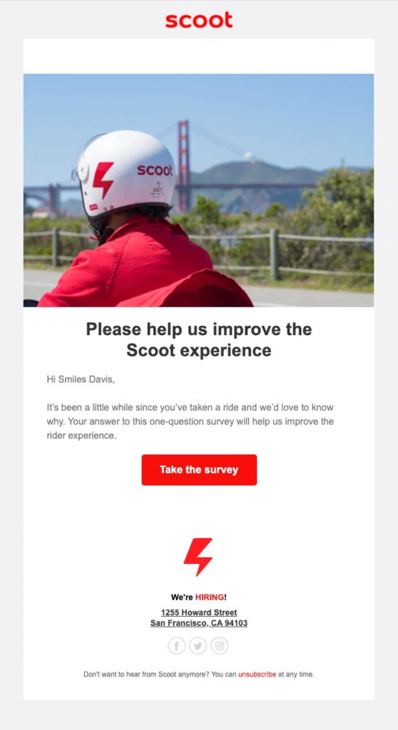 Winback email template aimed at gathering customer feedback.