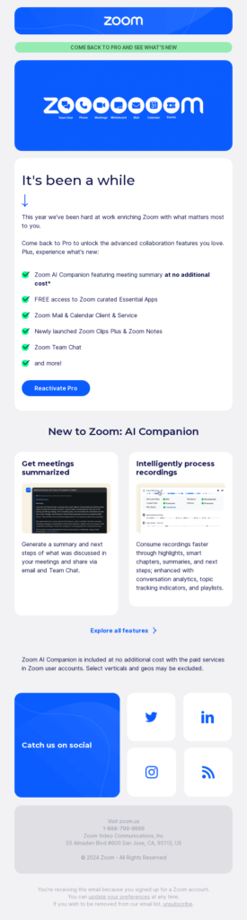 Zoom Winback Campaign, showcasing vibrant graphics and engaging content.