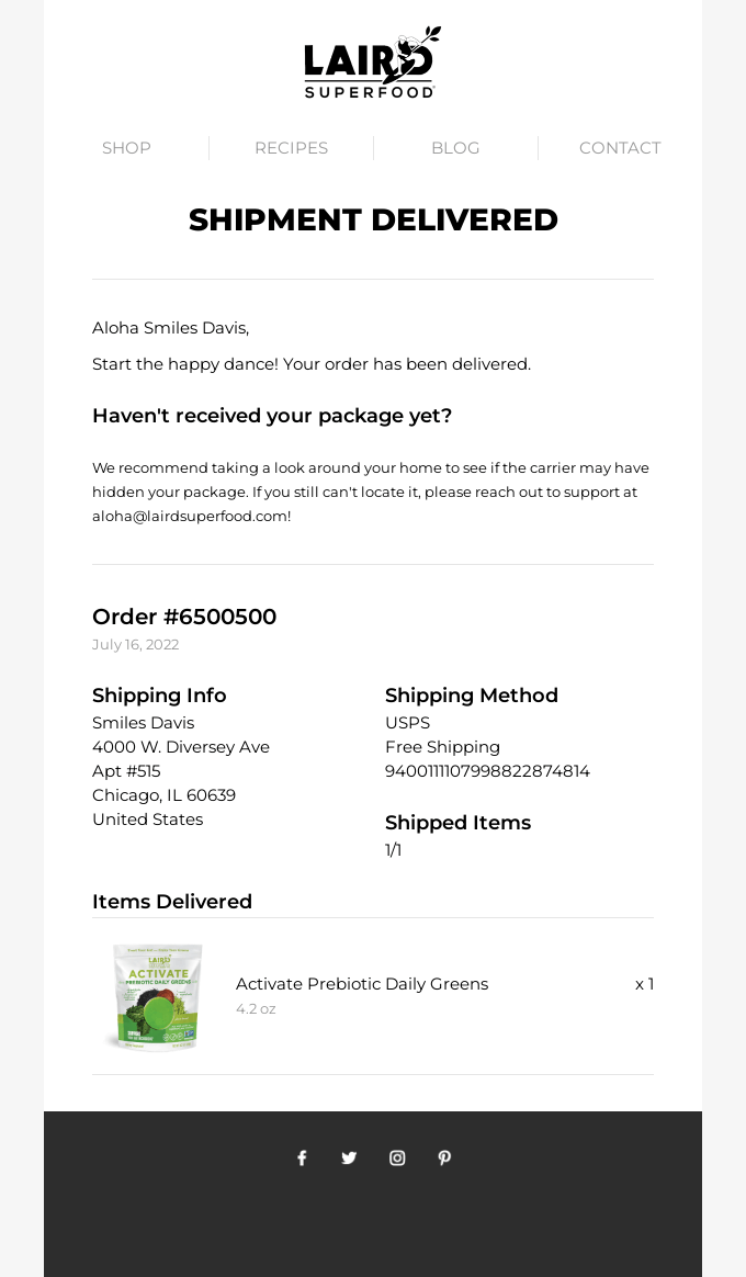 Example of delivery confirmation post-purchase email.