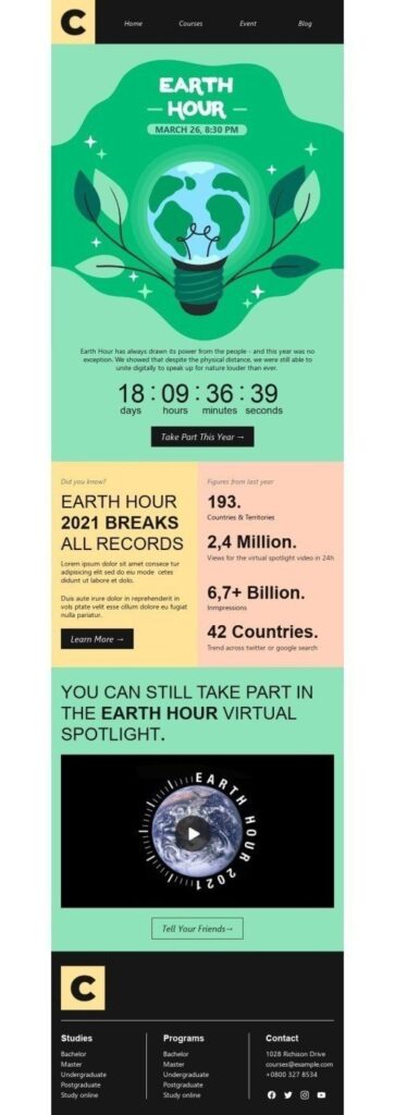 Email example for Earth Hour Day.