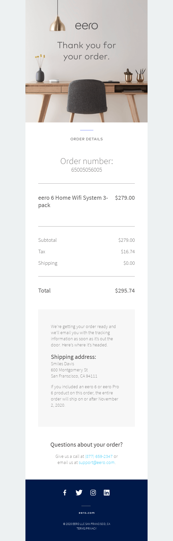 Post-purchase email example by Eero.