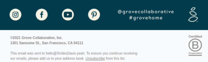 The email footer example by Grove Collaborative.