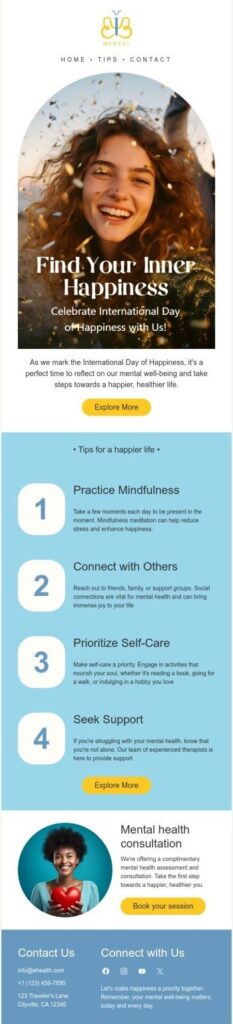 Email example for International Day of Happiness.