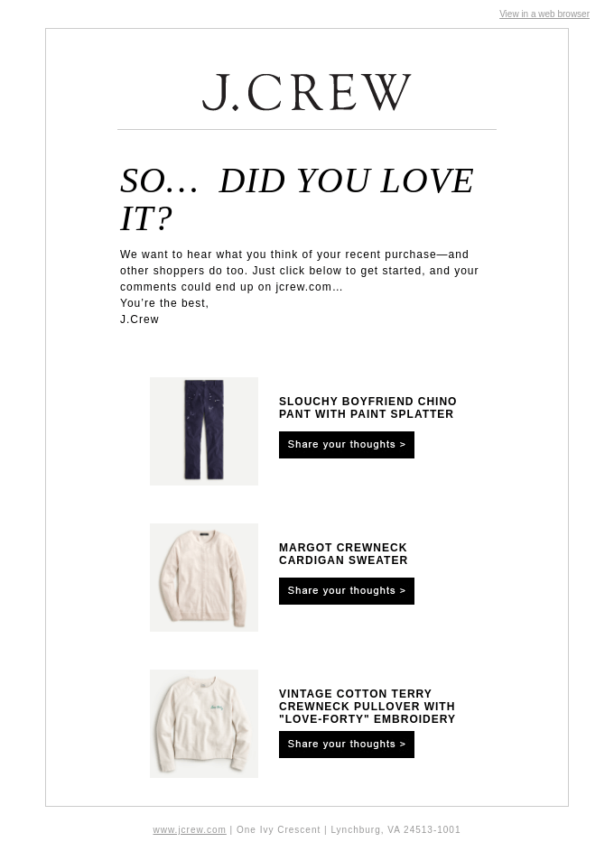 Post-purchase email example by J. Crew.