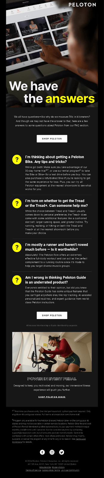 Post-purchase email example by Peloton.