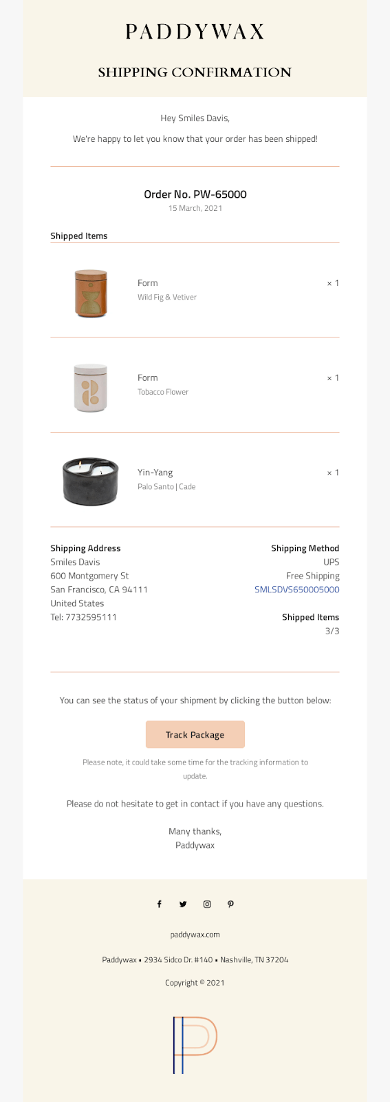Example of shipping confirmation post-purchase email.