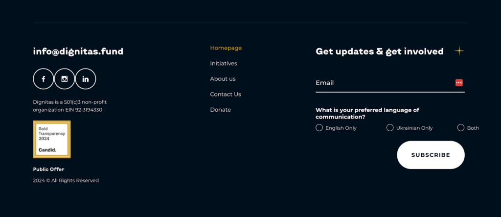 Signup form in the footer.