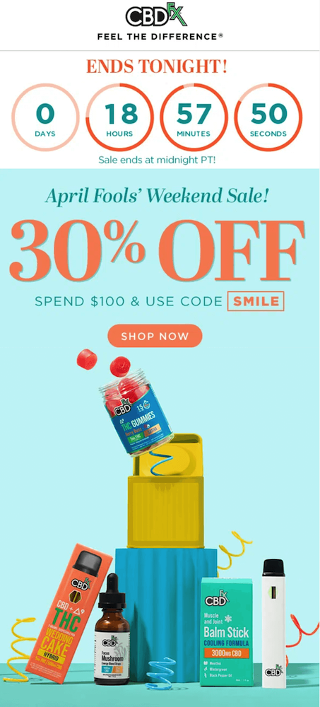 April Fool’s Day flash sale email by CBD Fx.