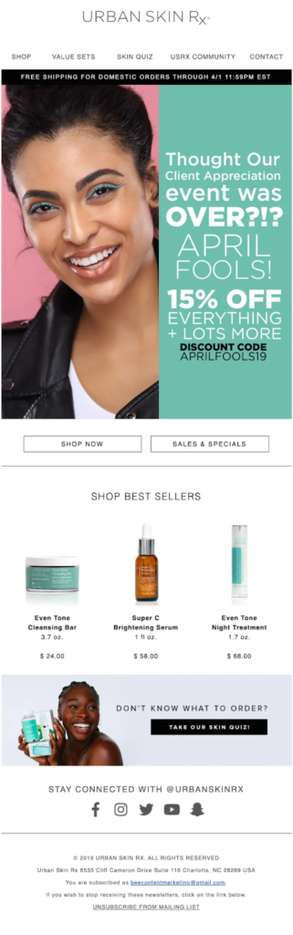 “April Fools!” Email by URBAN SKIN Rx.