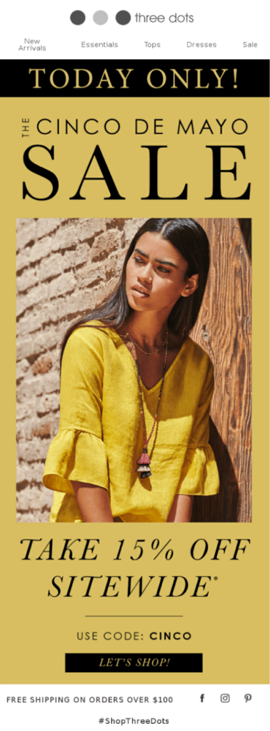 Cinco de Mayo Flash Sale Email example by three dots.