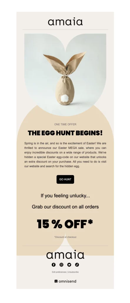 Egg Hunt Easter email example from amaia.