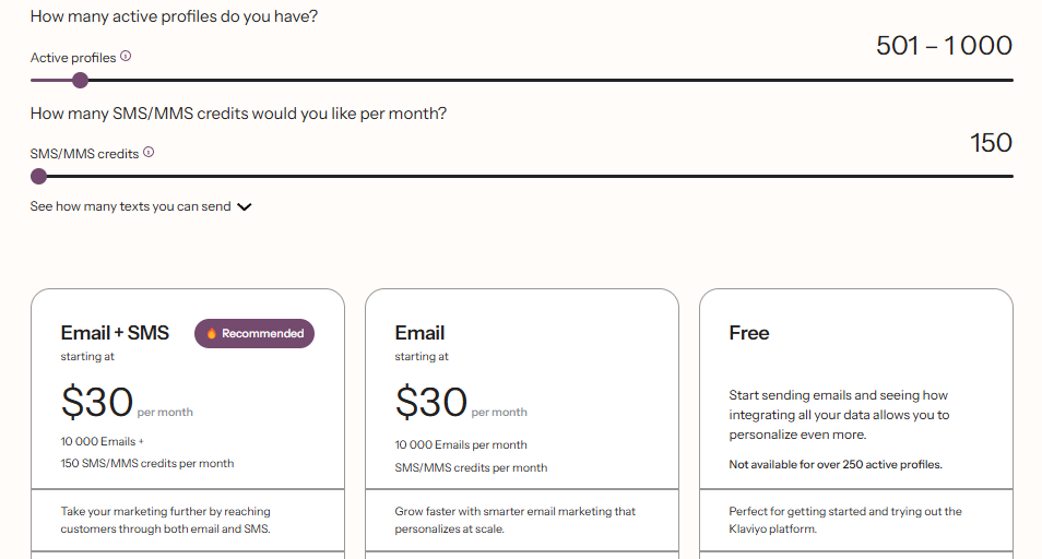 Screenshot of Klaviyo's pricing page, displaying various subscription options and their corresponding costs.