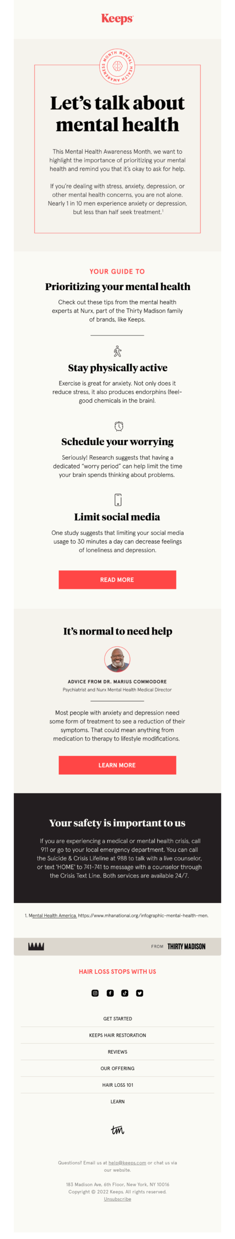 Mental Health Awareness Month email example.