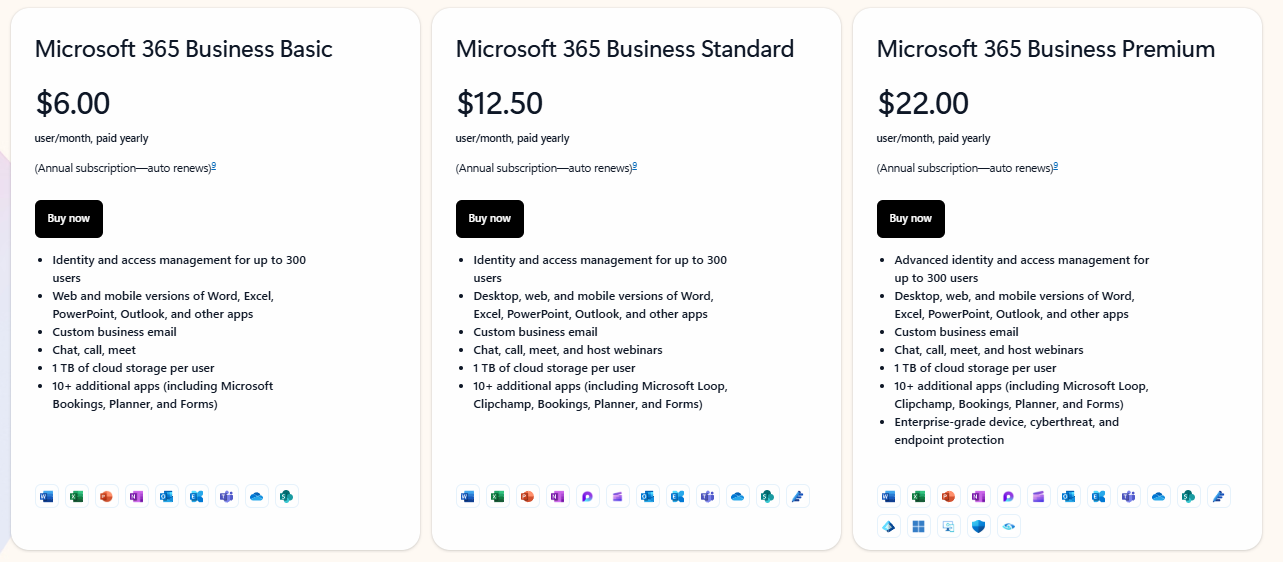 Image displaying three types of pricing for business by Outlook.