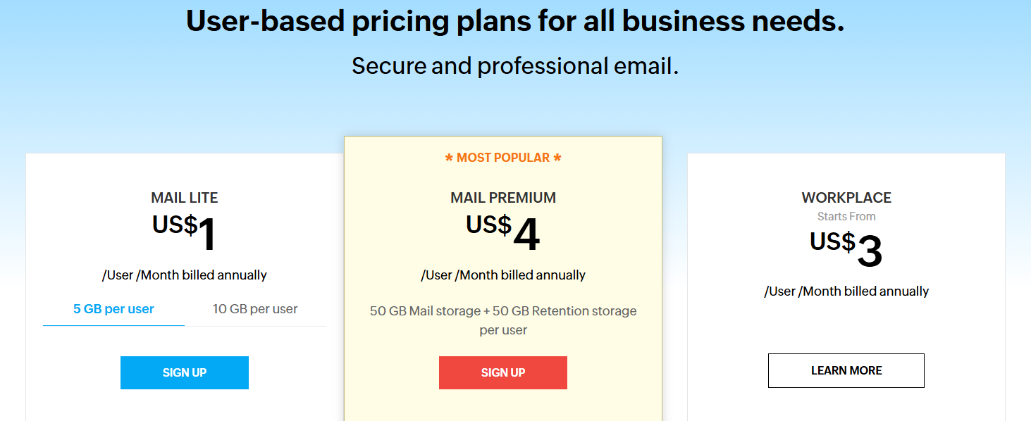 Image displaying three types of pricing by Zoho Mail.